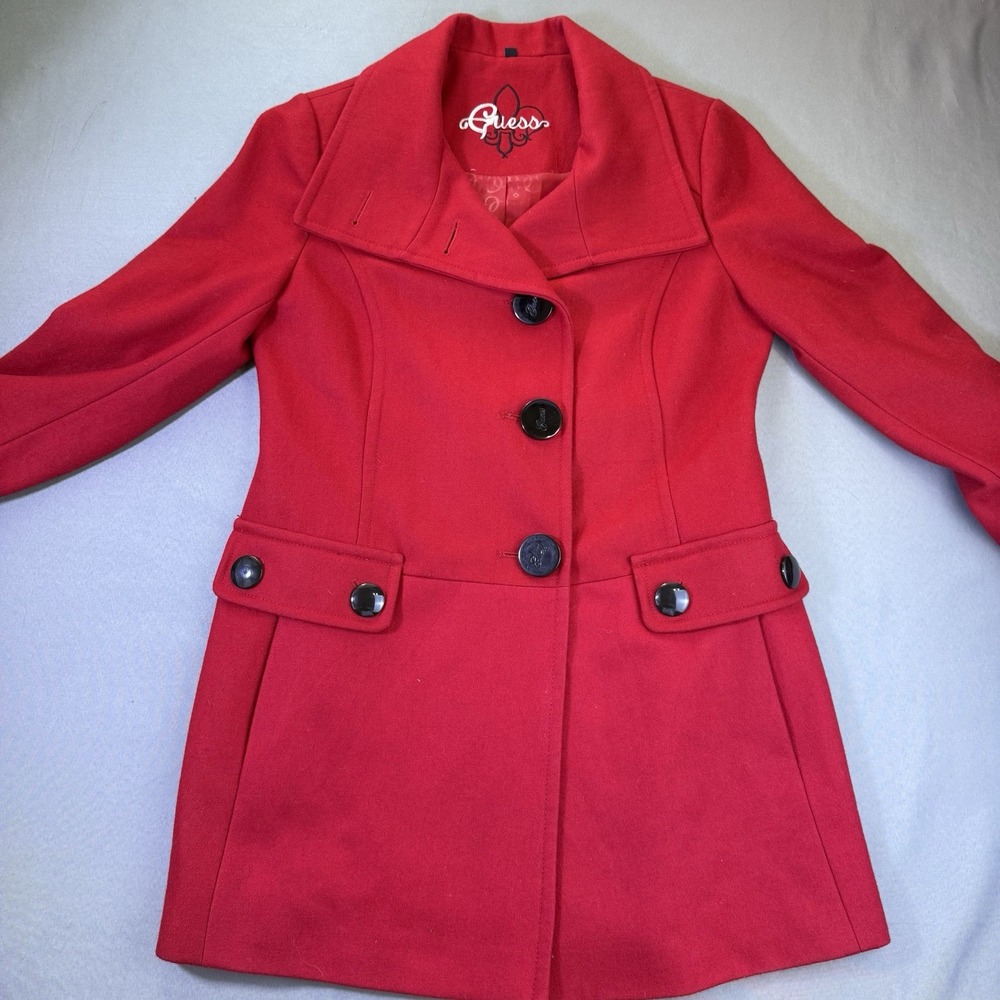 GUESS Red Wool-Blend Big‎ Button Front Coat Women's Size Medium Mid-Length
